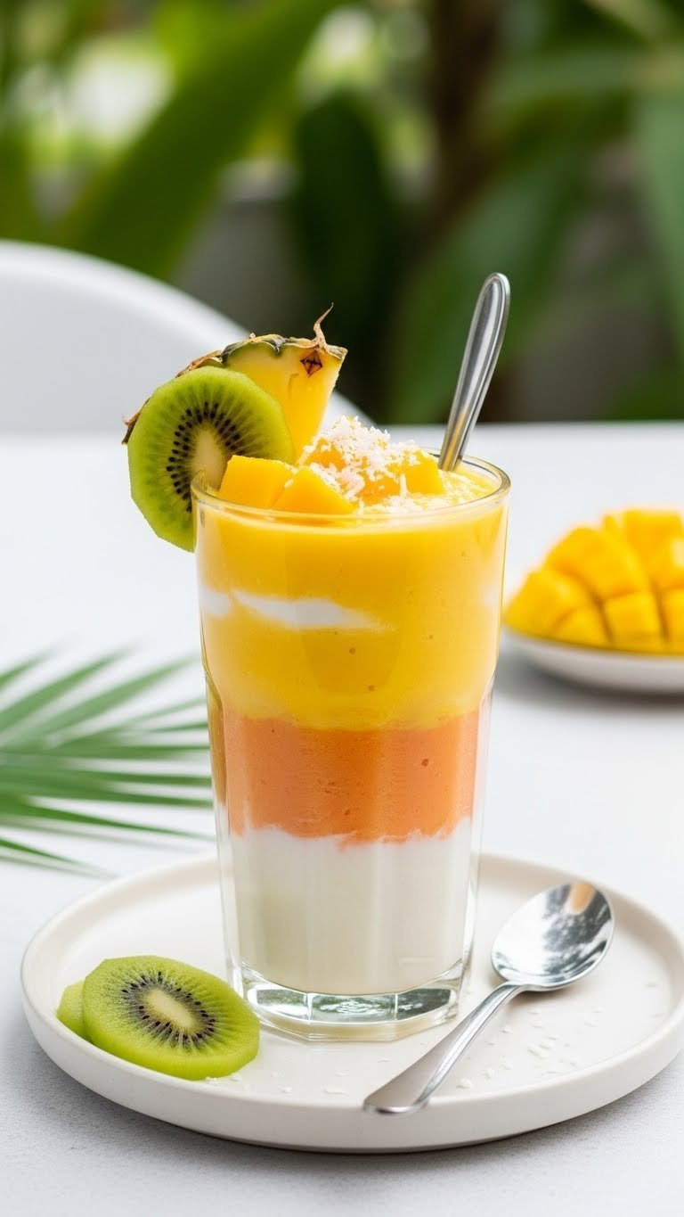 Tall glass with tropical ombre smoothie layers of yellow mango, pale orange papaya, and creamy white coconut topped with fruit garnish