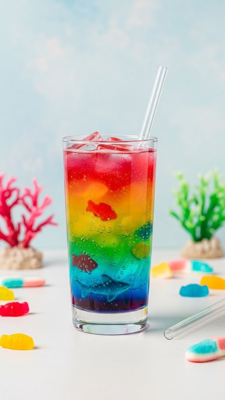 Tall glass with vibrant rainbow layers creating coral reef effect with gummy fish and shark