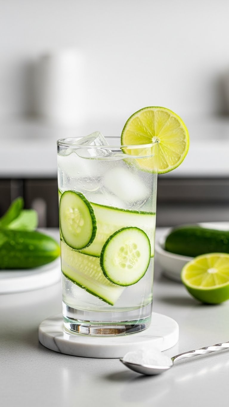 Tall highball glass containing skinny vodka soda cocktail with cucumber slices, lime wedge and ice cubes.