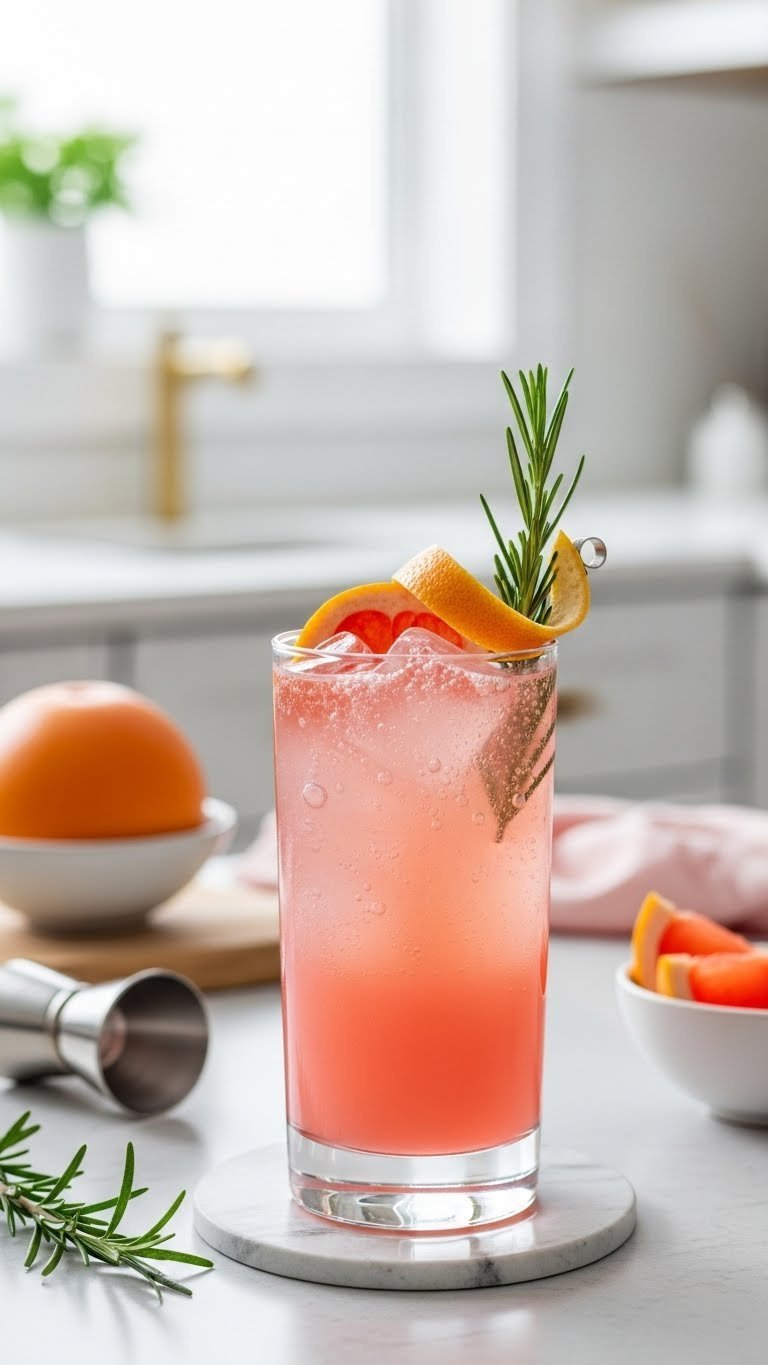 Tall highball glass filled with pink rosemary grapefruit gin fizz cocktail garnished with grapefruit peel