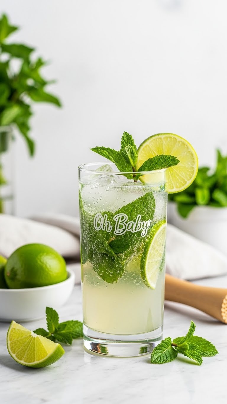 Tall highball glass of sparkling virgin mojito with muddled mint leaves, lime wedges, and visible condensation