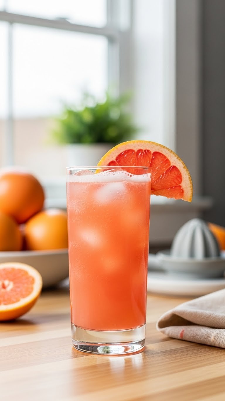 Tall highball glass with effervescent pink grapefruit fizz and large grapefruit slice