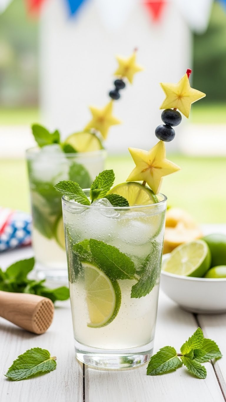 Tall highball glass with sparkling mojito garnished with star-shaped fruit blueberries and mint sprig
