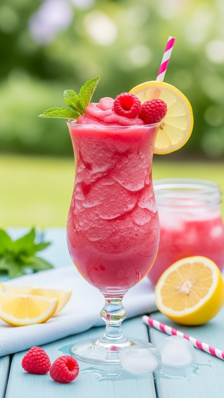 Tall hurricane glass with pink frozen raspberry lemonade topped with whipped cream and fresh raspberries