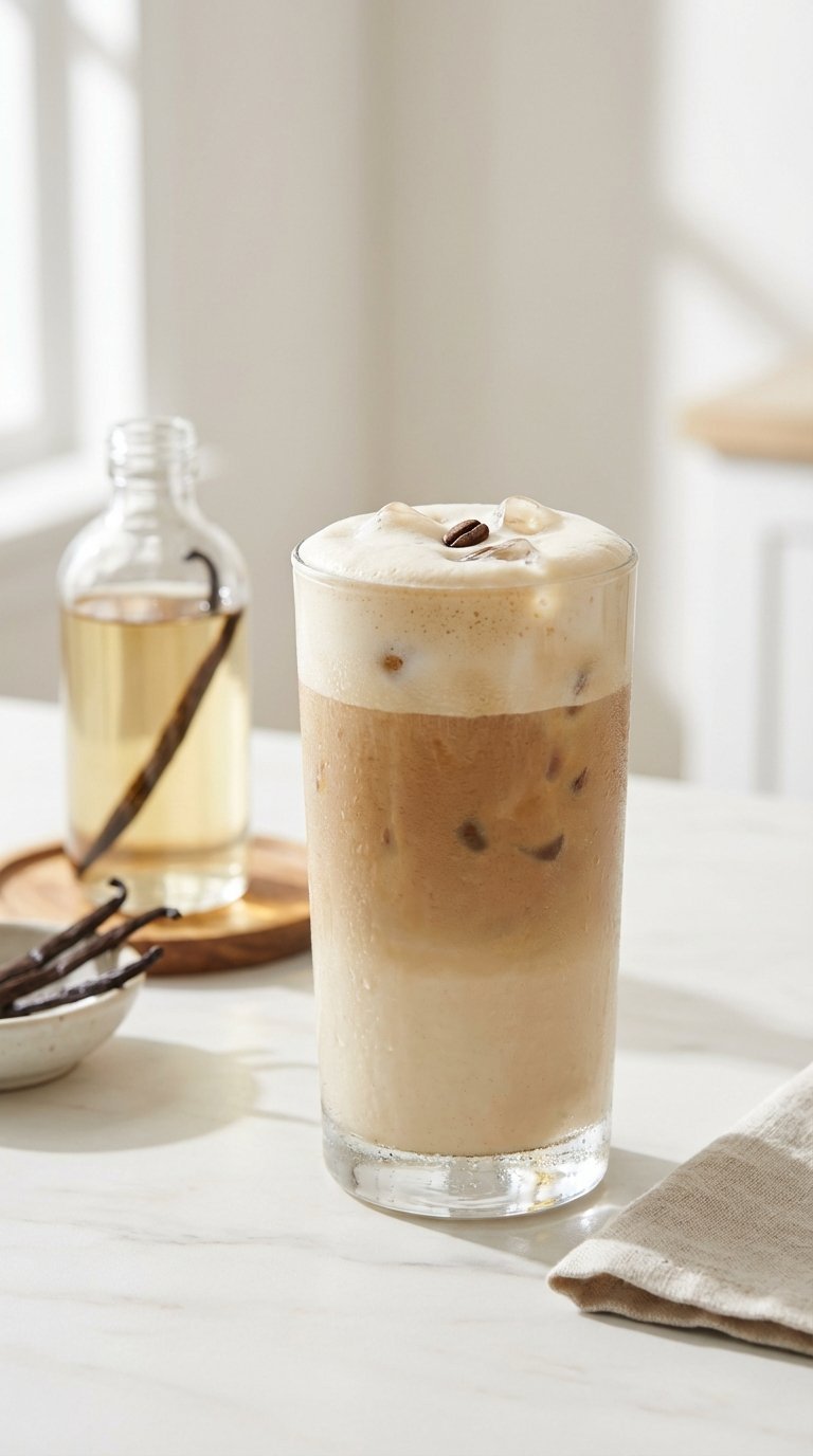 Tall iced vanilla latte with creamy foam and condensation on glass against marble countertop with vanilla syrup bottle in background.