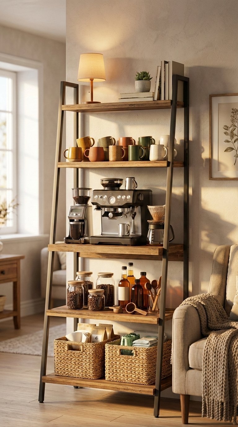 Tall ladder bookshelf repurposed as coffee tower with coffee machine on waist-height shelf and organized mugs and supplies.