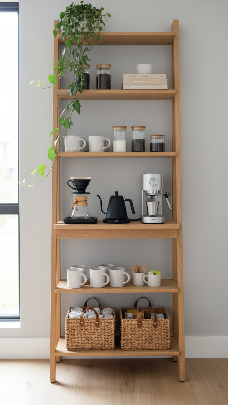 Tall ladder-style bookshelf coffee bar with pour-over setup and organized mug collection in bright dining room