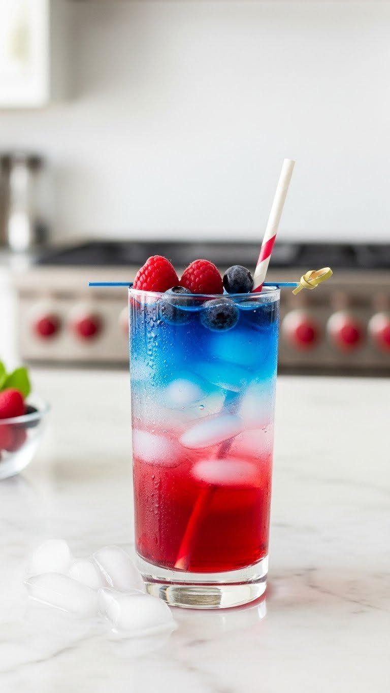 Tall layered red white blue non-alcoholic drink in clear glass with raspberries blueberries and stirrer on marble countertop