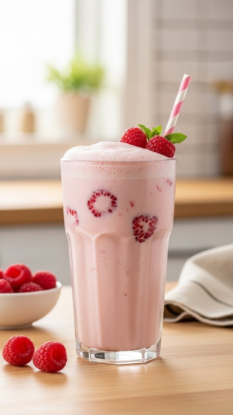 Tall ribbed soda glass with frothy pink raspberry cream soda and fresh raspberries