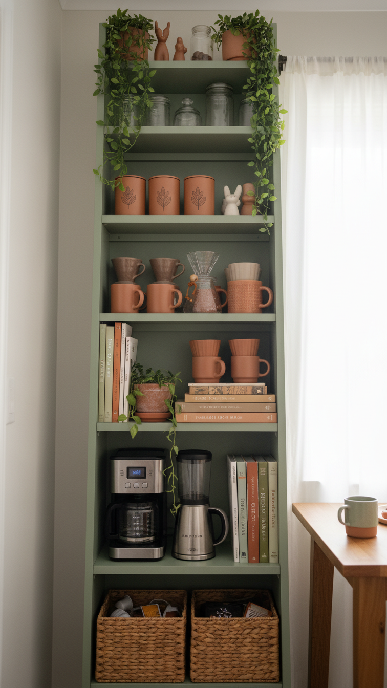 Tall sage green floor-to-ceiling coffee station with ladder shelving holding woven baskets and coffee canisters