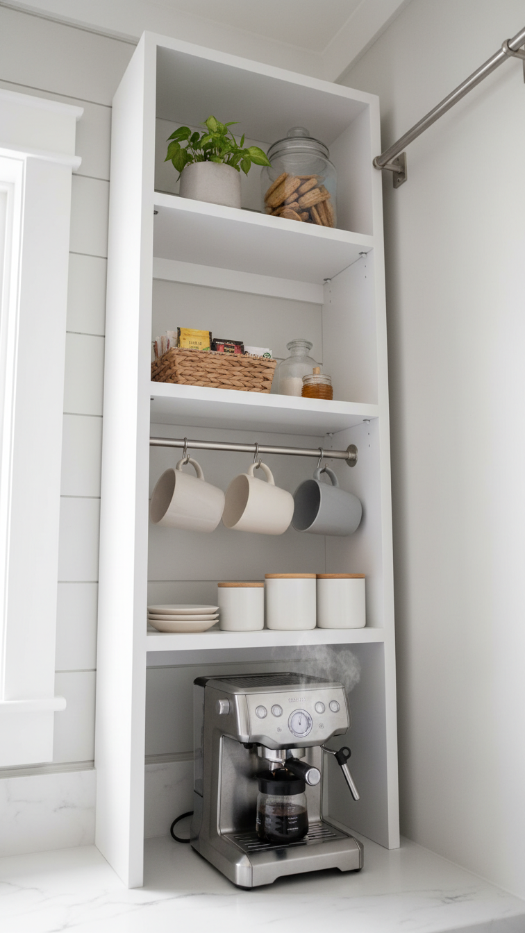 Tall white ladder shelving unit in narrow pantry corner maximizing vertical space for coffee maker and mugs