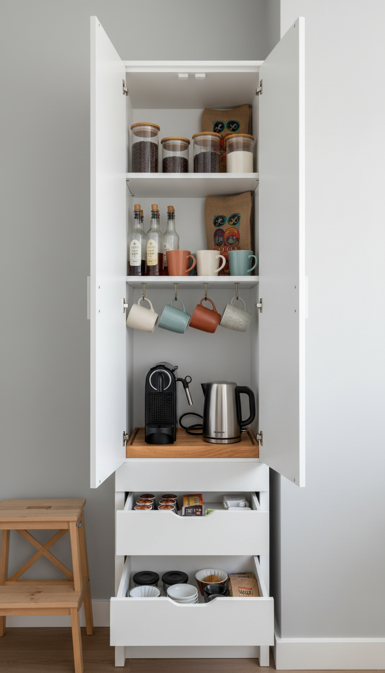 Tall white pantry cabinet coffee bar with organized shelves holding coffee machine, mugs, and coffee accessories