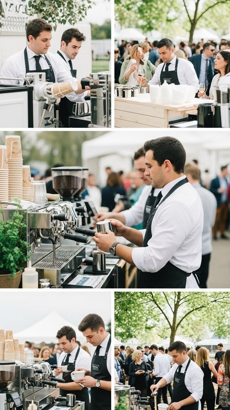 Team of expert baristas efficiently serving guests at bustling mobile espresso bar during lively event