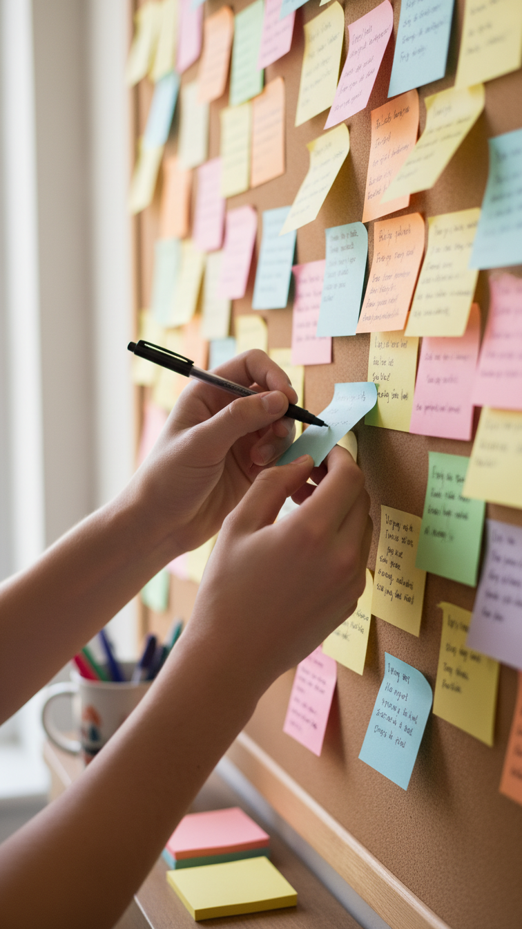 Teen writing prayer request on colorful sticky note wall in serene youth ministry prayer corner with natural light