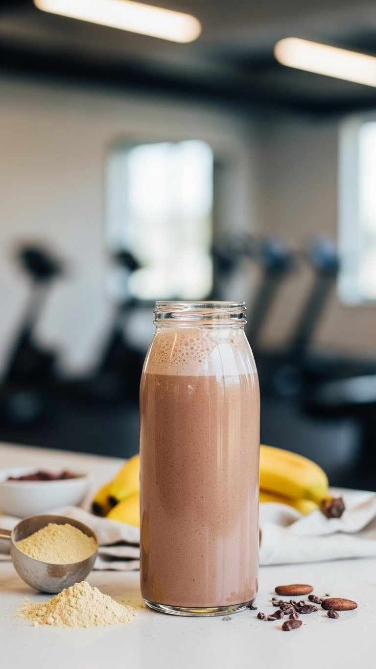 11 Healthy Drink Ideas: Easy Sips for Energy & Weight Loss 21 Thick protein-packed vegan shake in shaker bottle with frothy top on gym counter