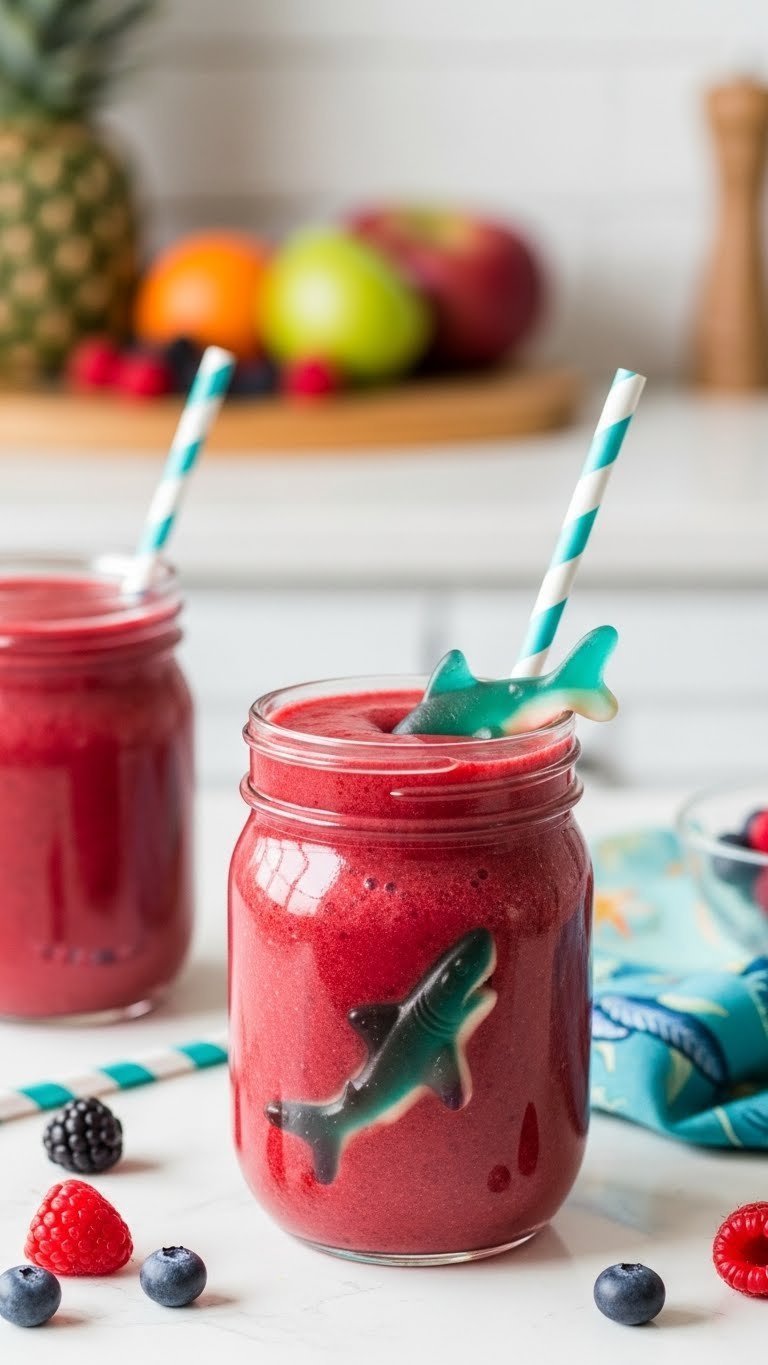 Thick red smoothie in mason jar with trapped gummy shark and fresh berries on clean white countertop