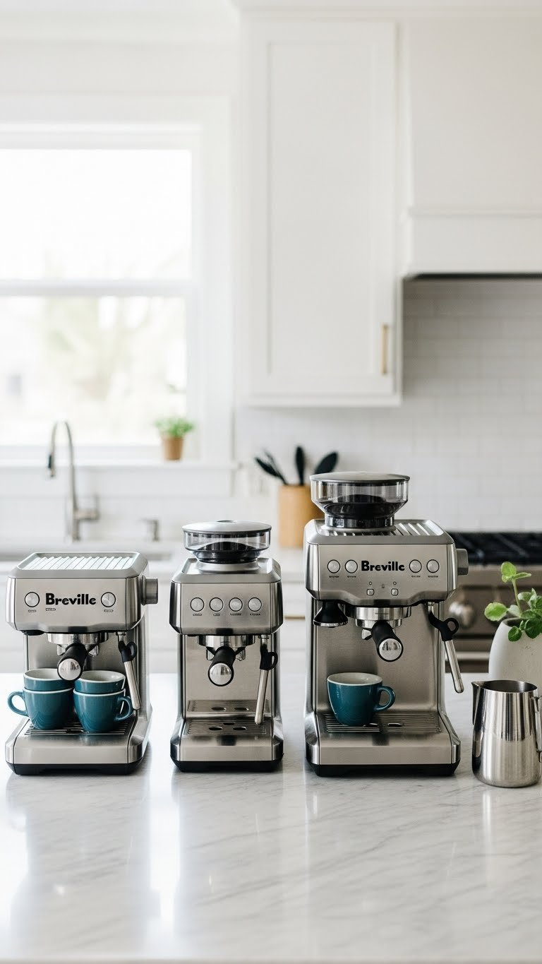 Three Breville espresso machines displayed on light marble countertop with espresso cups and milk pitcher in soft natural lighting