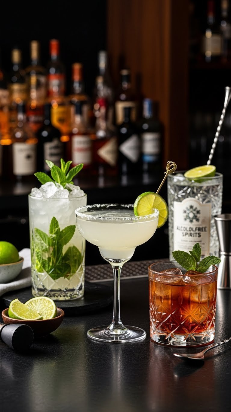 Three elegant classic mocktails including virgin mojito, non-alcoholic margarita, and zero-proof Old Fashioned on polished bar top
