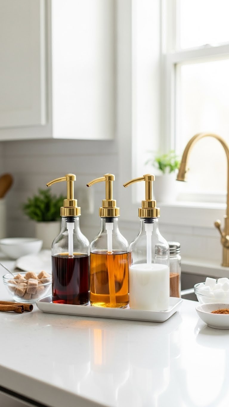 Three elegant glass syrup dispensers with gold pumps arranged on white ceramic tray with sugar cubes and cinnamon.
