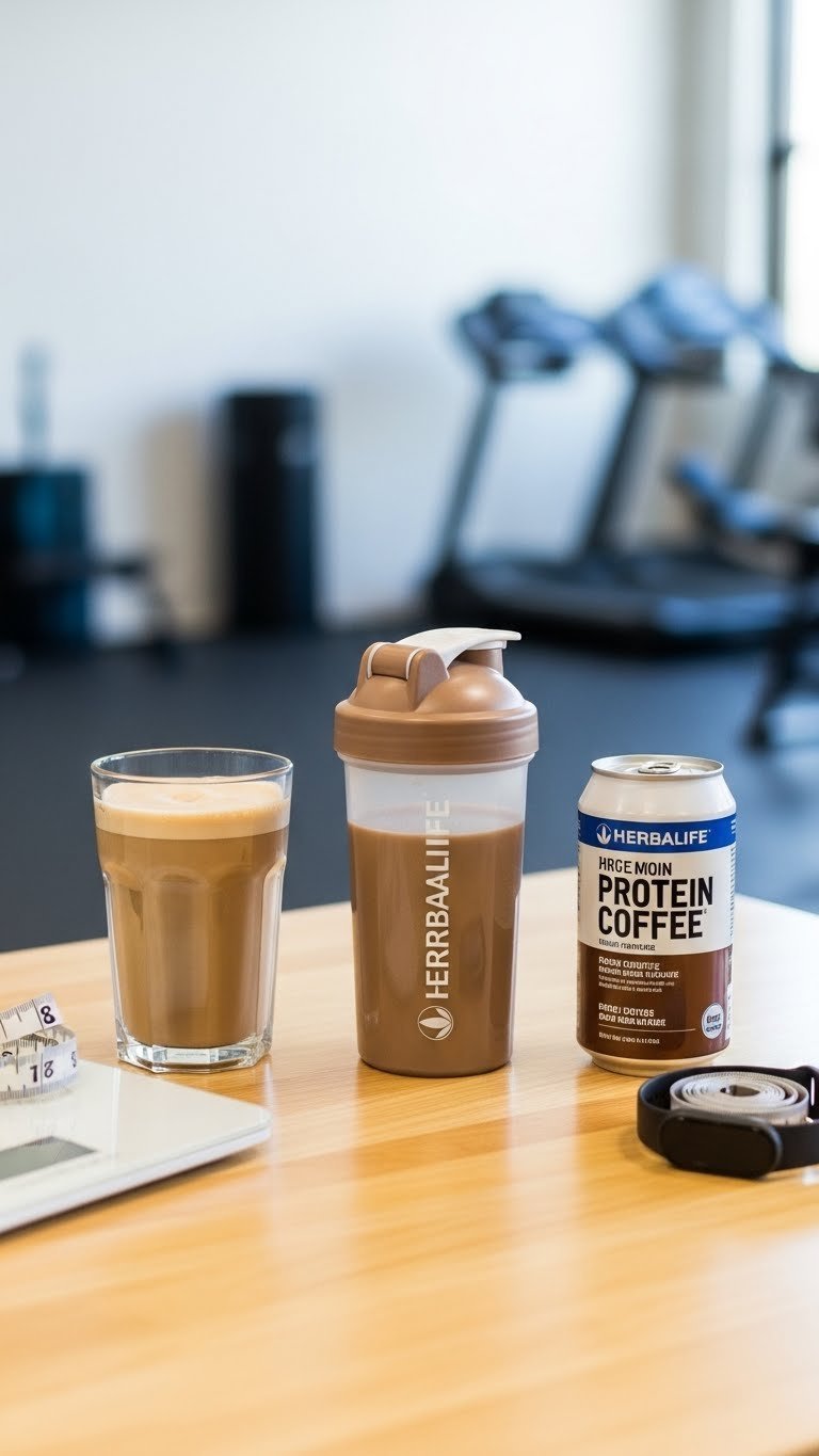 Three high-protein beverages comparison featuring Herbalife iced coffee, protein shake, and canned coffee