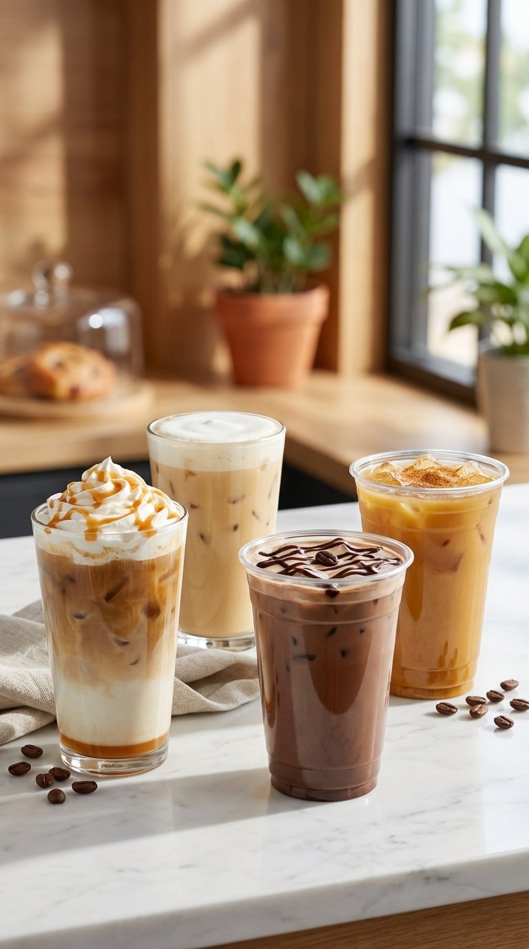 Three layered 7 Brew Coffee drinks with whipped cream garnishes arranged asymmetrically on marble countertop with soft bokeh background