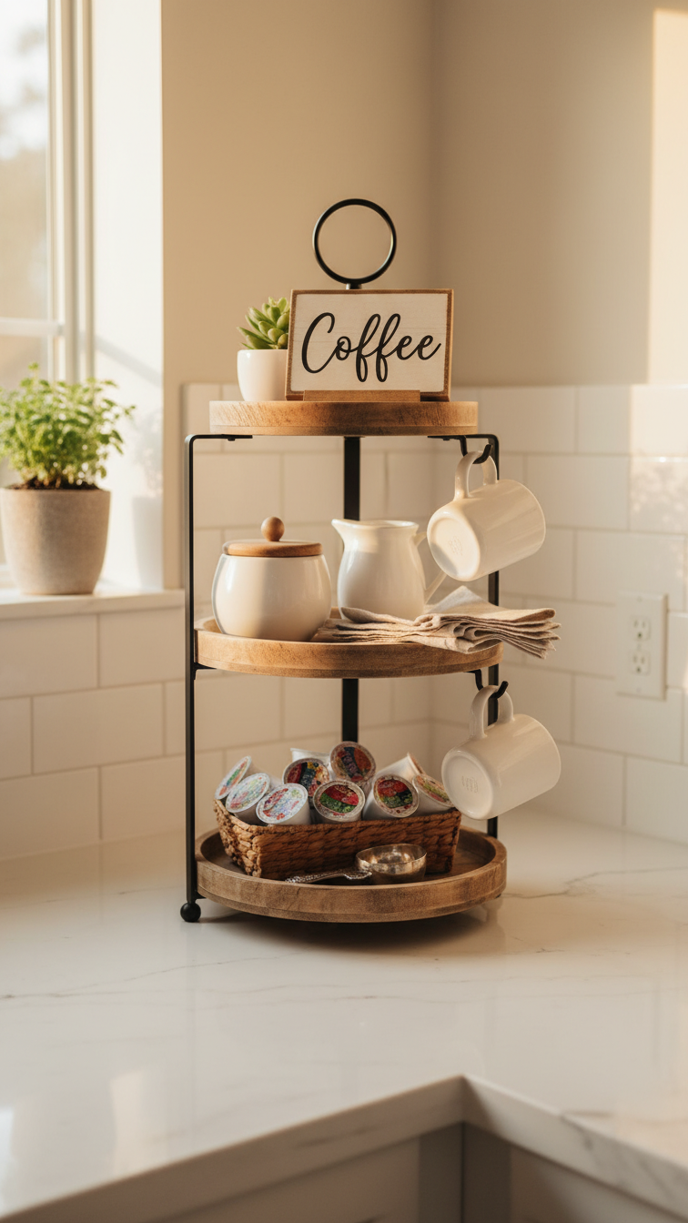 Three-tier rustic wood tray coffee station on marble countertop with K-cup pods and succulent arrangement