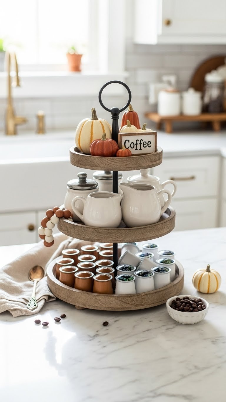 Three-tier tray farmhouse coffee display with coffee pods, ceramic pitchers, and decorative gourds on marble countertop