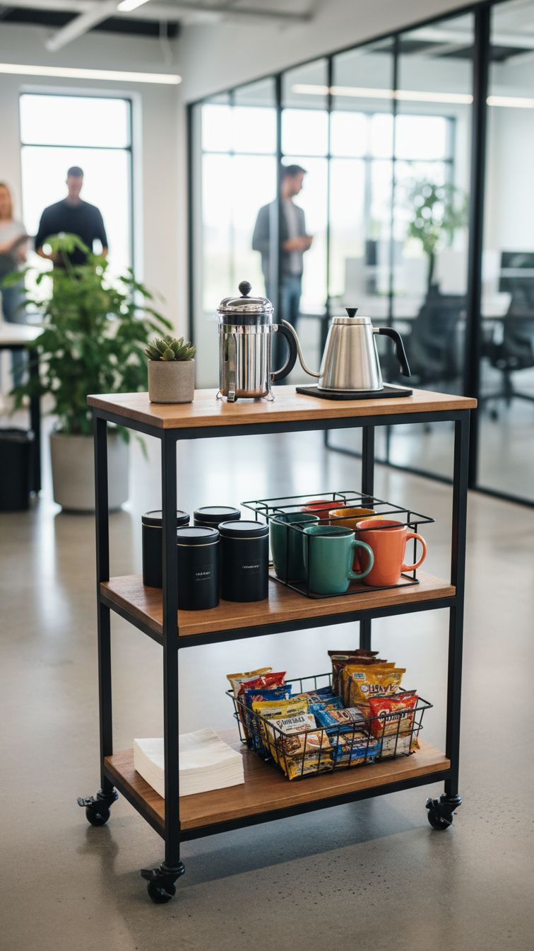 Three-tiered industrial metal and wood coffee cart fully stocked with French press, mugs, and snacks in modern office