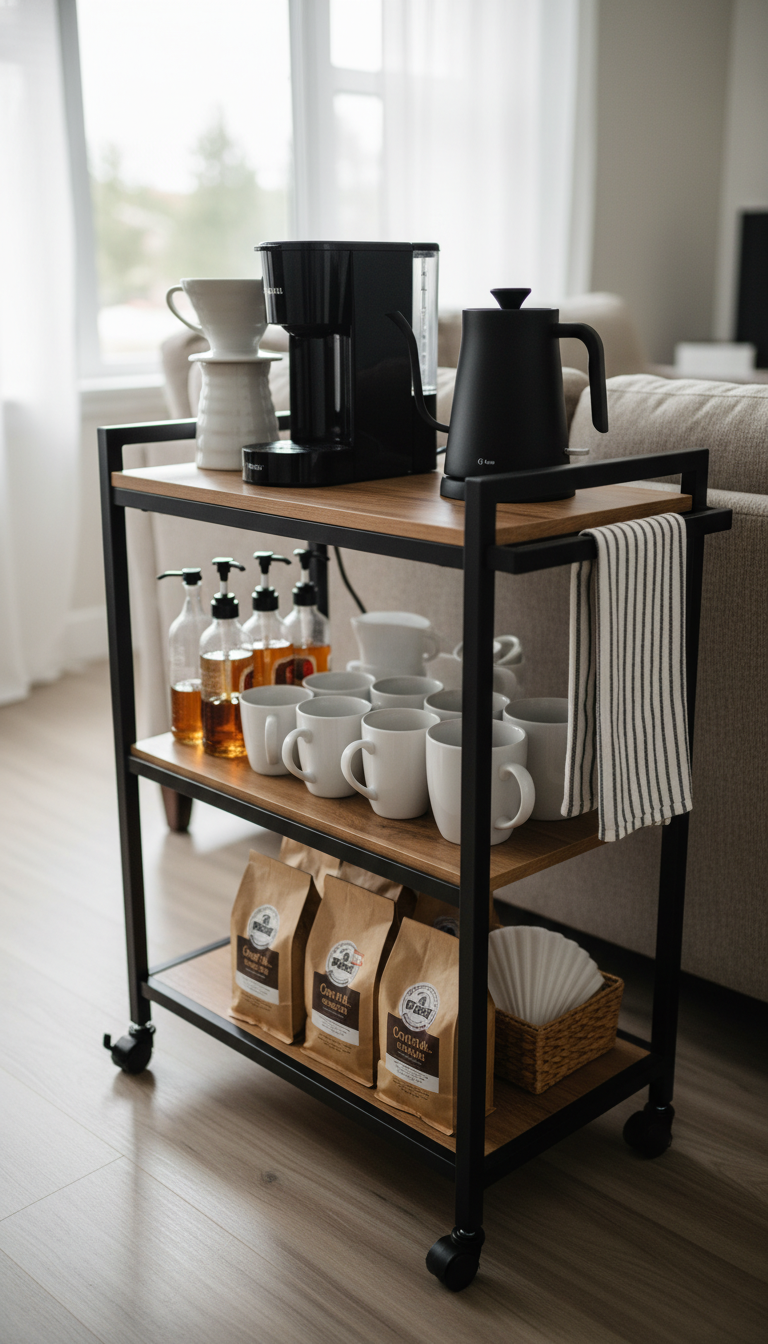 Three-tiered metal and wood rolling cart coffee bar with mobile design and layered storage organization