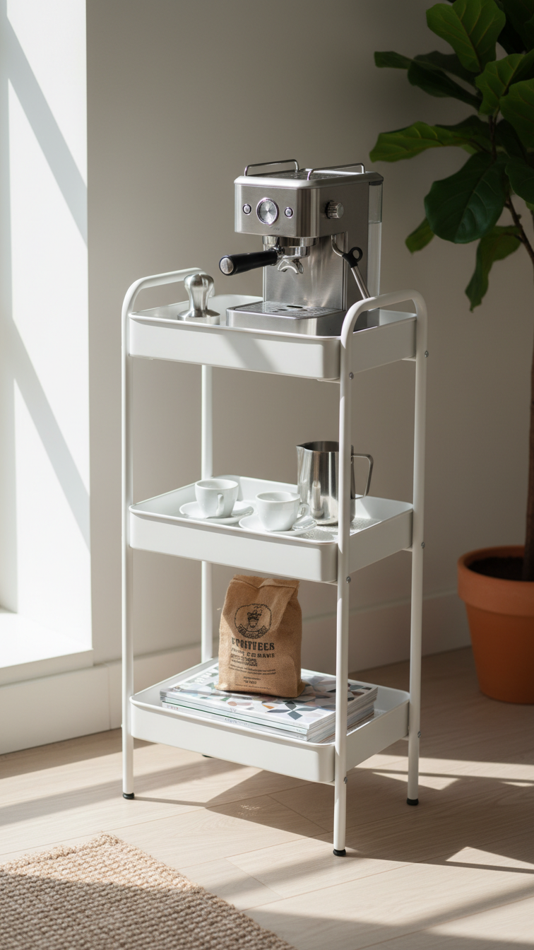 Three-tiered white rolling coffee cart with silver espresso machine, porcelain cups, and milk frothing pitcher in bright living room corner.