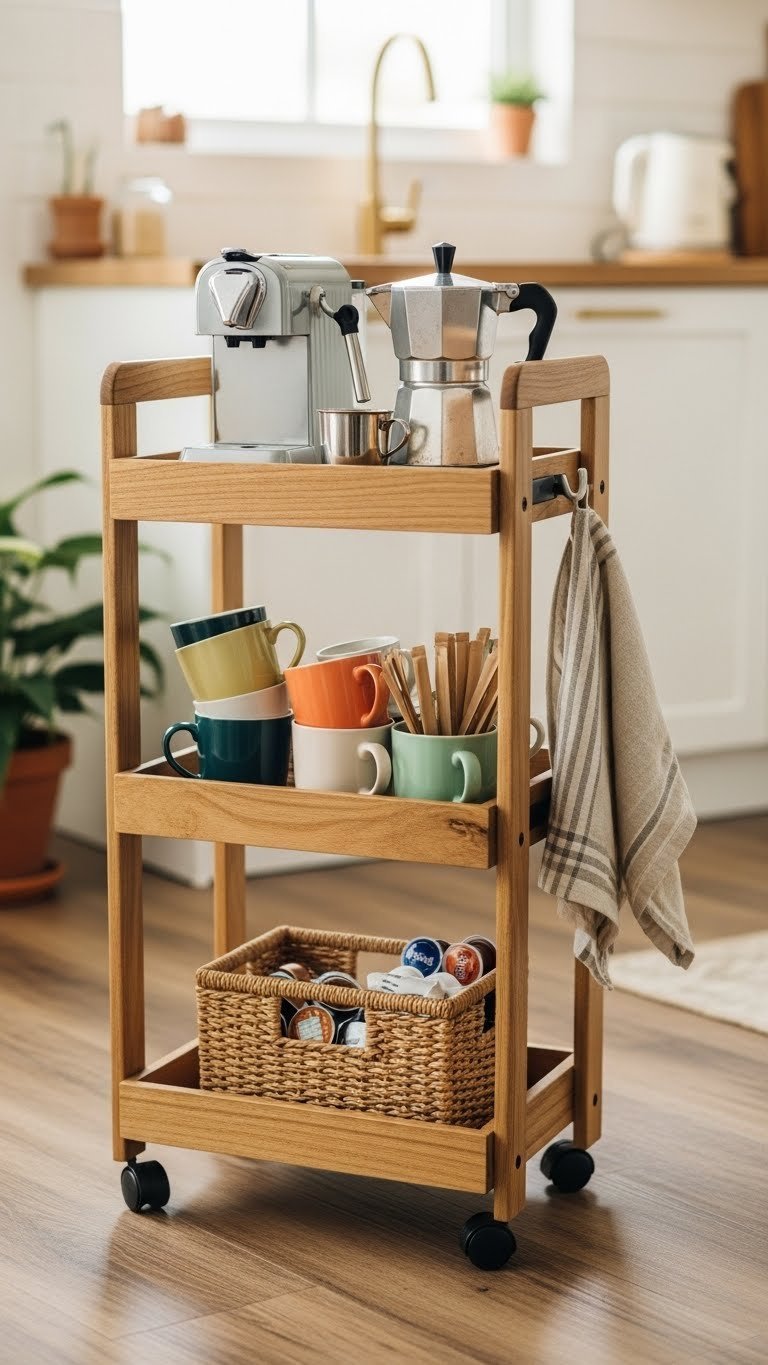 Three-tiered wooden rolling cart with espresso maker, colorful ceramic mugs, and wicker basket filled with coffee pods