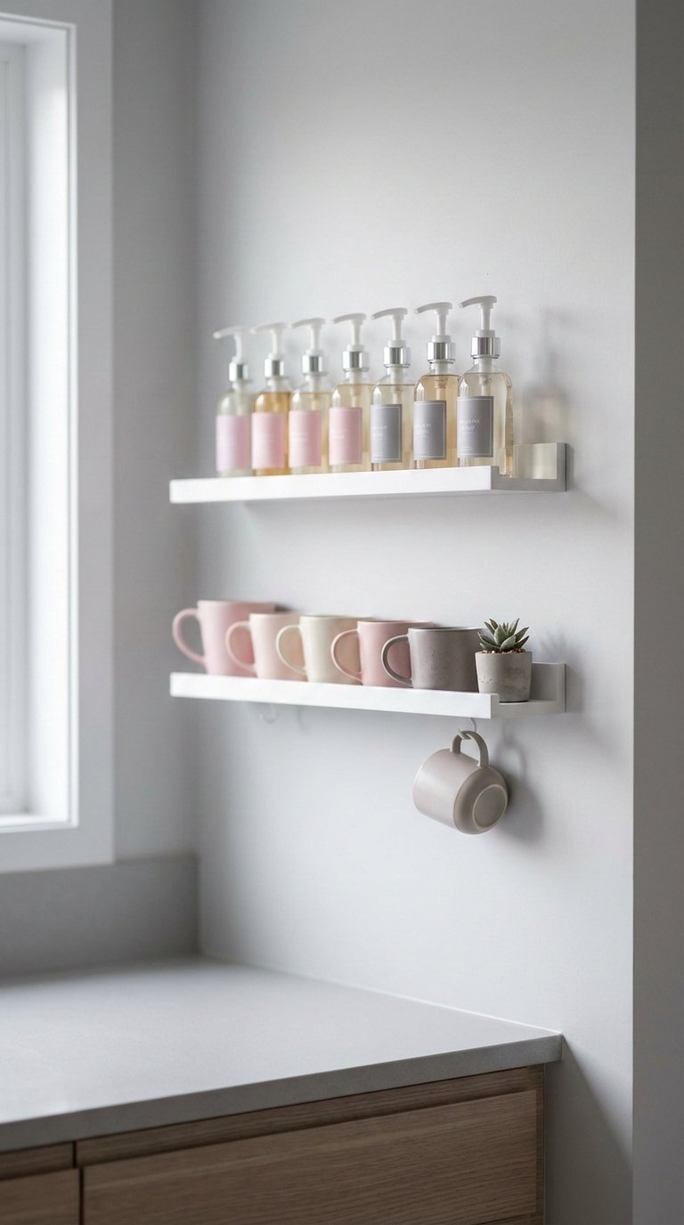 Tiny coffee corner with white picture ledges holding syrup bottles, mugs, and small succulent in minimalist gray and pink tones.