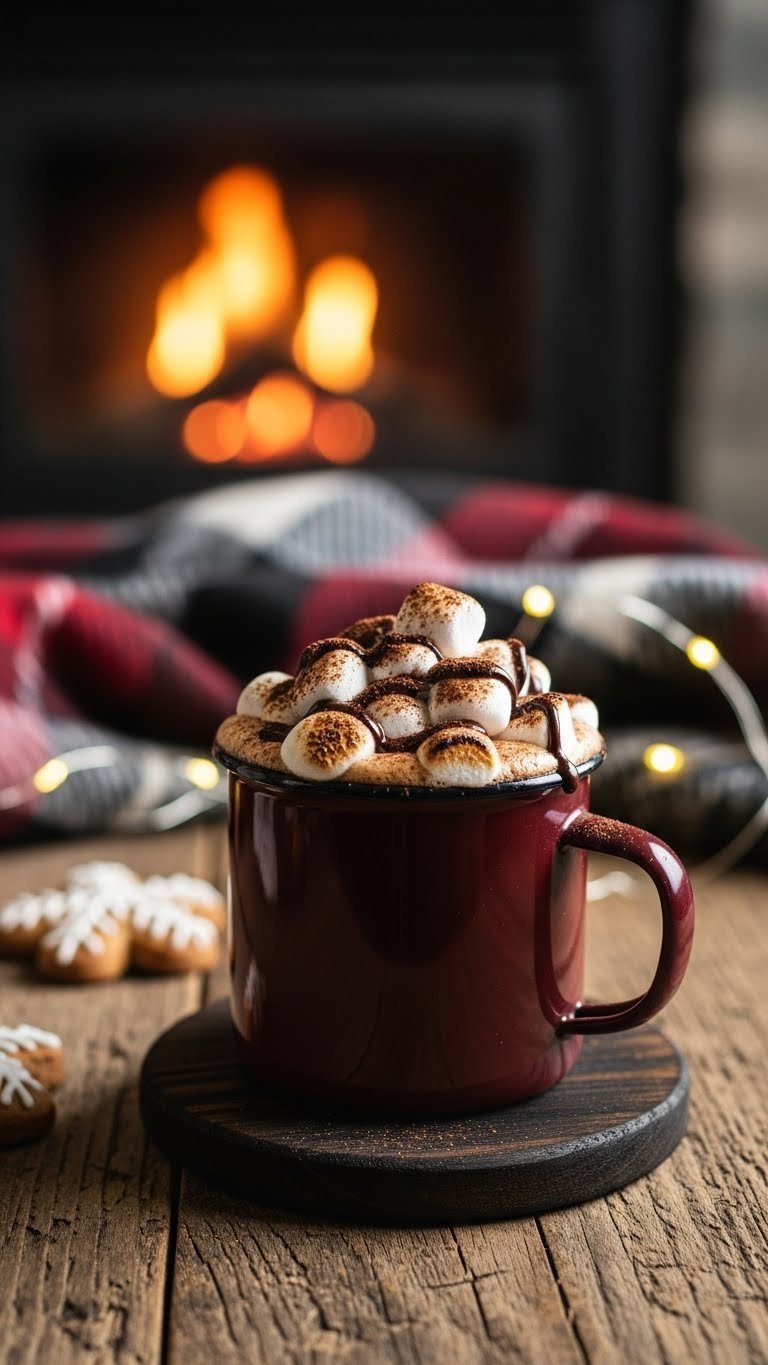 Toasted marshmallow coffee in enamel mug with fluffy marshmallows and cocoa powder on dark wooden coaster