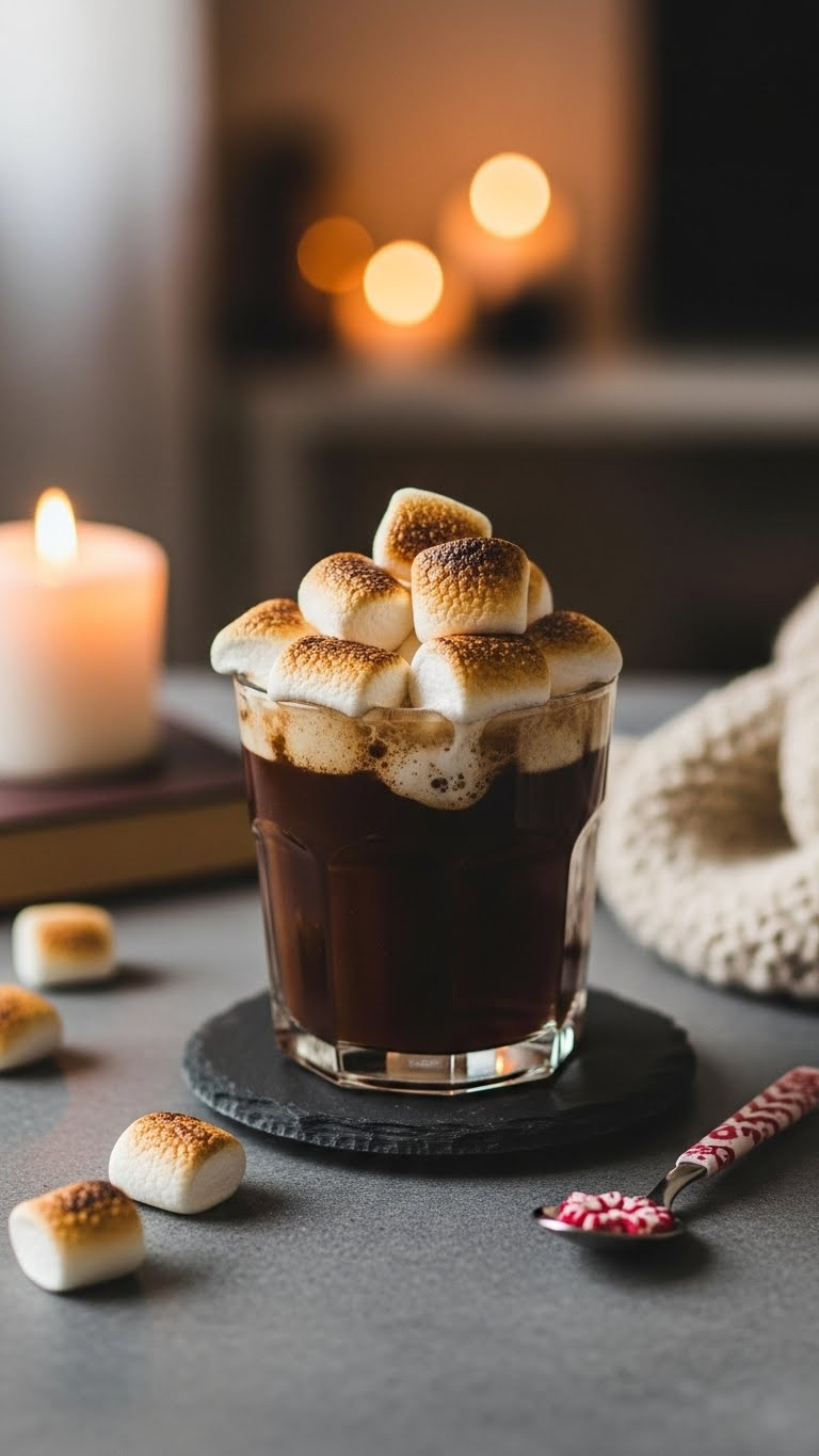 Toasted marshmallow coffee with golden-brown marshmallows melting on dark slate coaster in cozy setting.