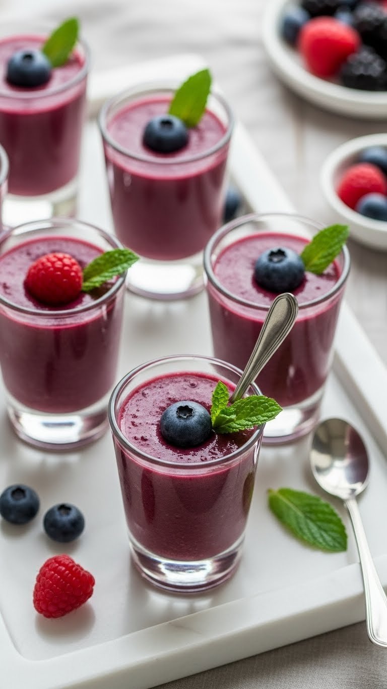 Top-down flat lay of berry bliss smoothie shots in clear glasses with fresh berry garnishes on marble serving tray