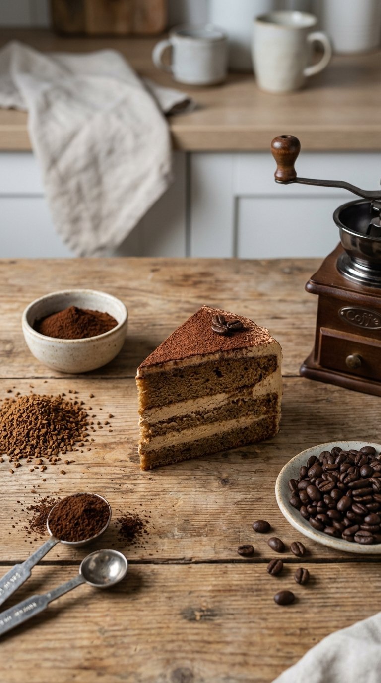 Top-down flat lay of coffee baking ingredients including espresso powder, coffee beans and instant coffee on rustic table
