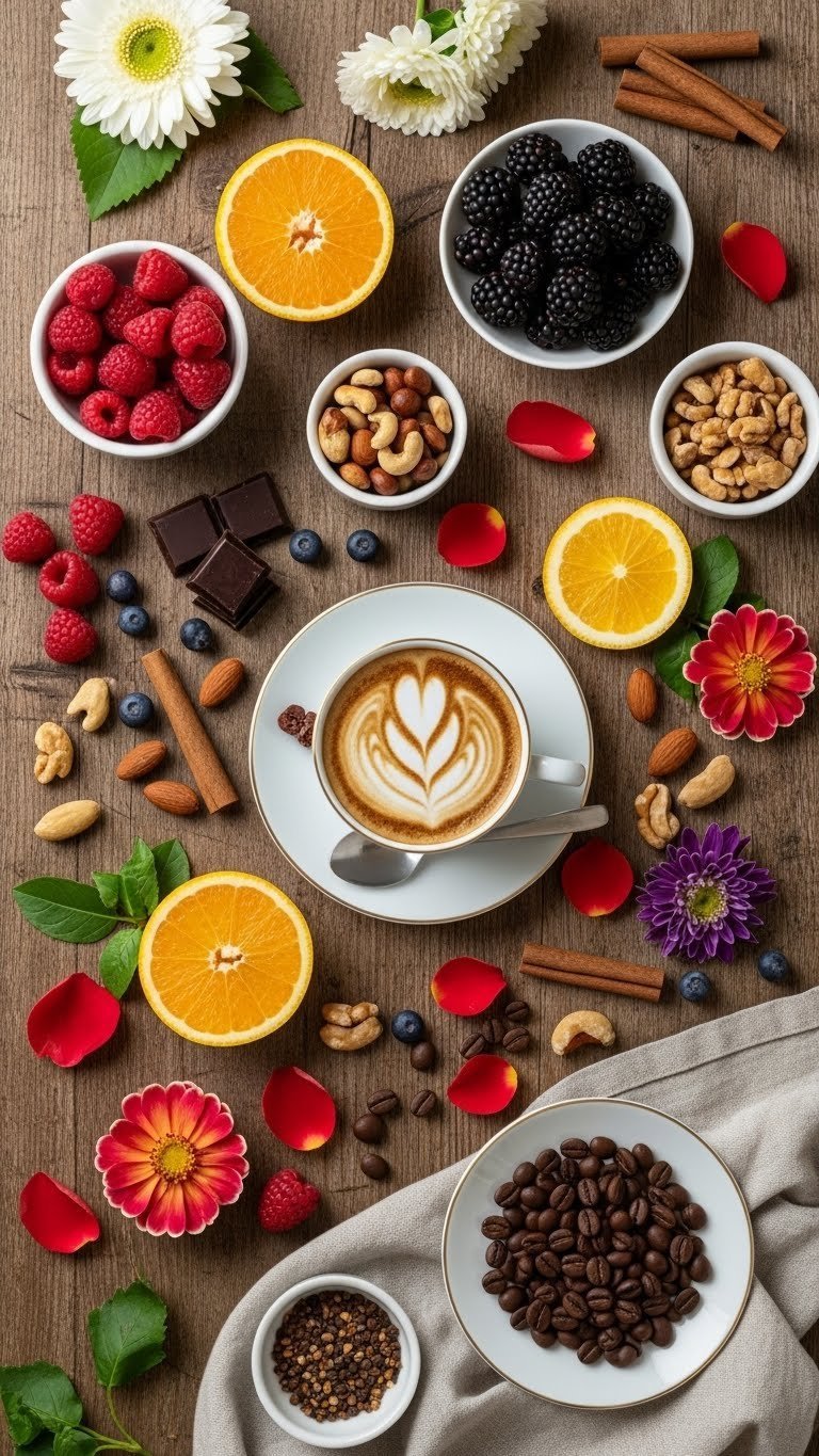 Top-down flat lay of coffee tasting notes including berries, chocolate, nuts and citrus arranged around coffee cup