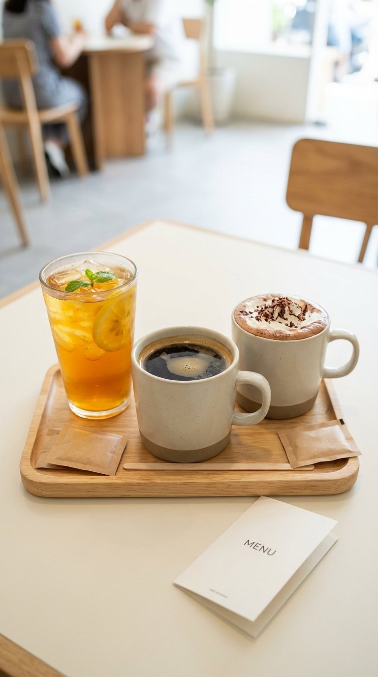 Top-down flat lay of diverse 7 Brew beverage collection including coffee, tea, and mocha on tray