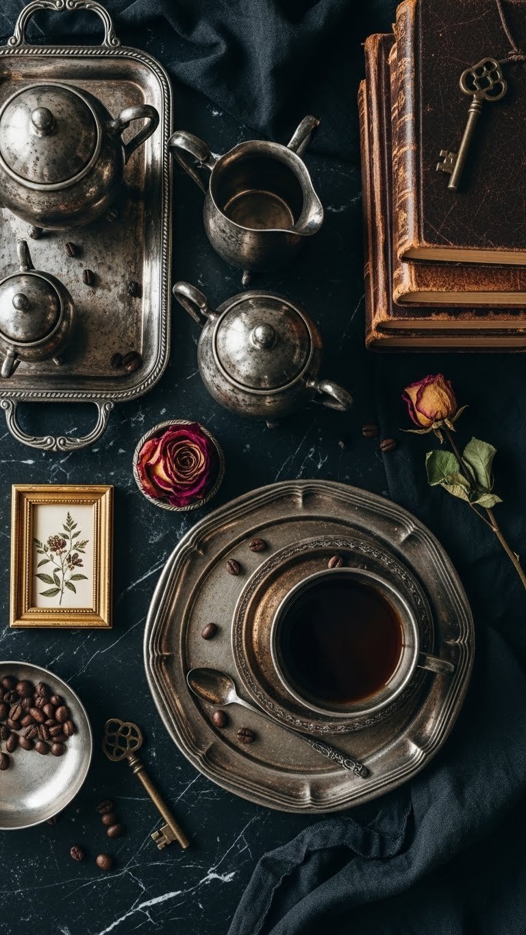 Top-down flat lay of vintage gothic coffee accessories including silver tray, sugar set, botanical print, and leather-bound books
