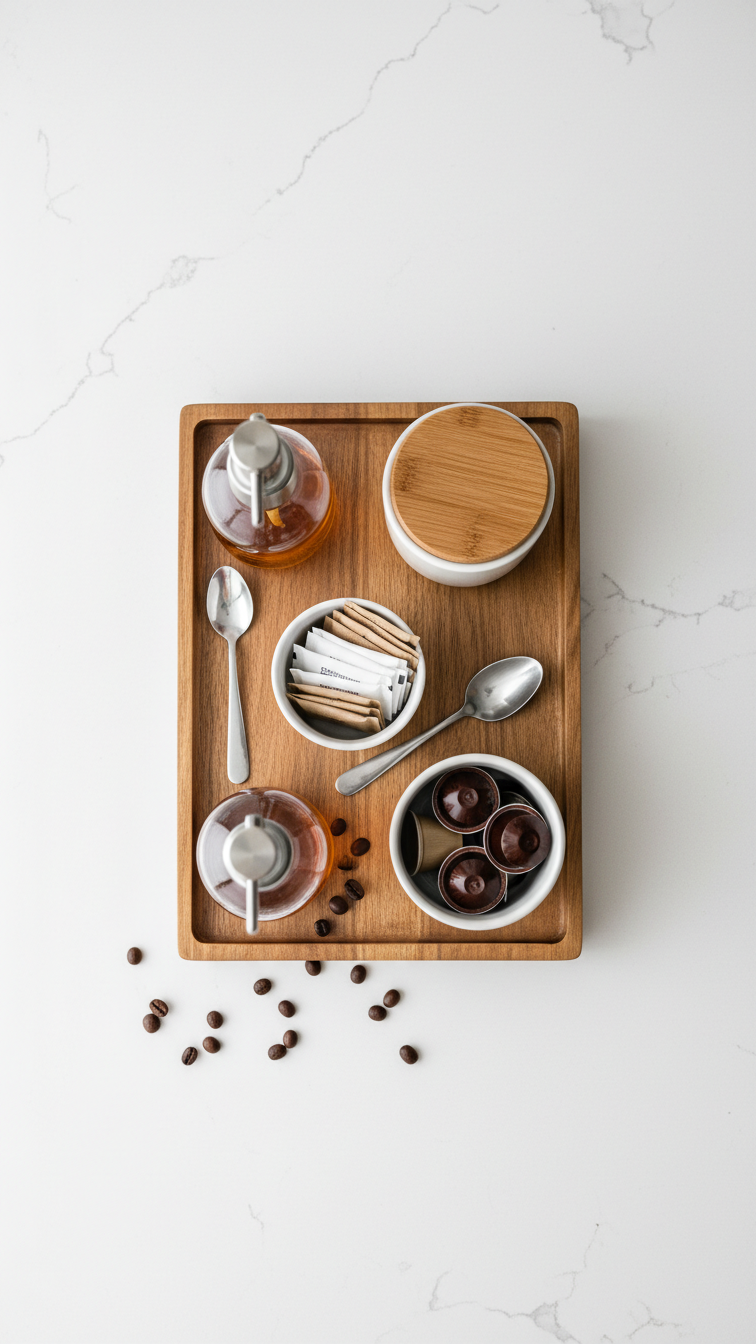 Top-down flat lay view of organized coffee bar tray with glass syrup dispensers, sugar packets container, and coffee pod canister