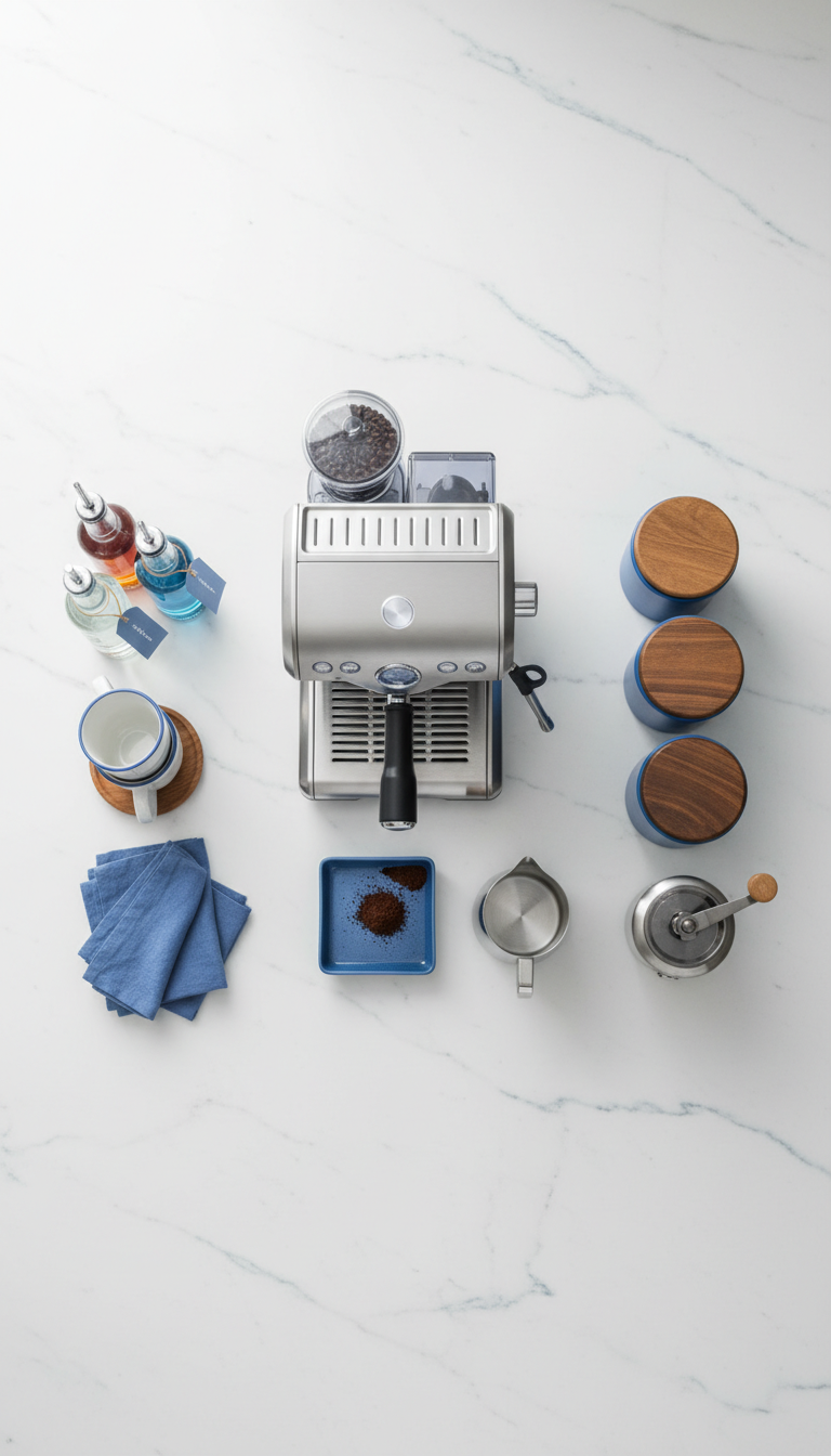 Top-down flat lay view of organized coffee bar with espresso machine on marble countertop
