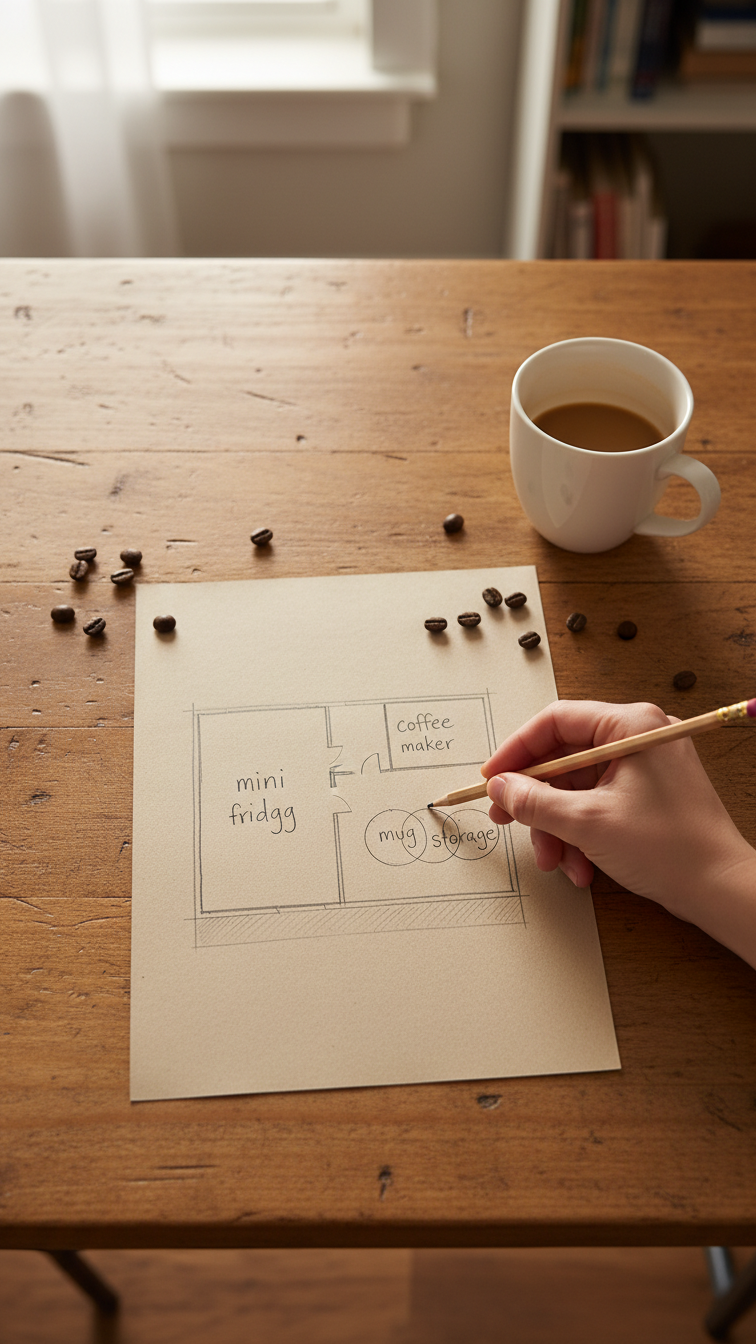 Top-down view of coffee bar floor plan sketch on rustic wooden desk with hand making pencil adjustments and scattered coffee beans