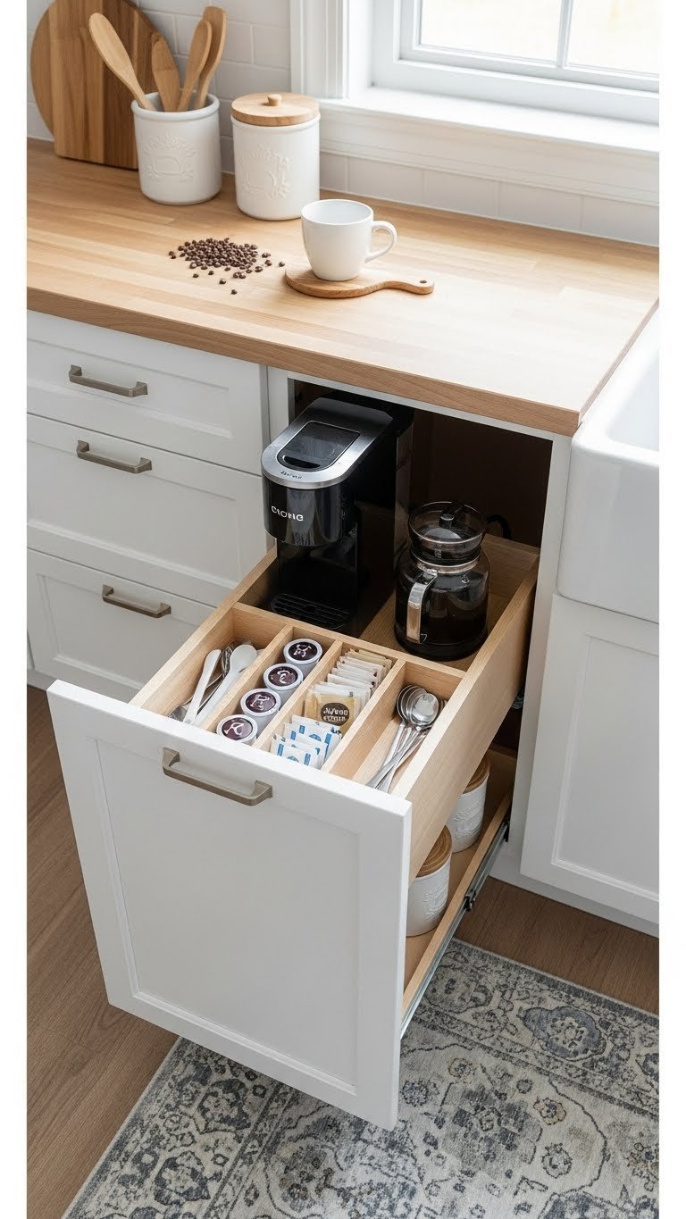 Top-down view of organized kitchen drawer coffee station with modern coffee maker and custom storage compartments