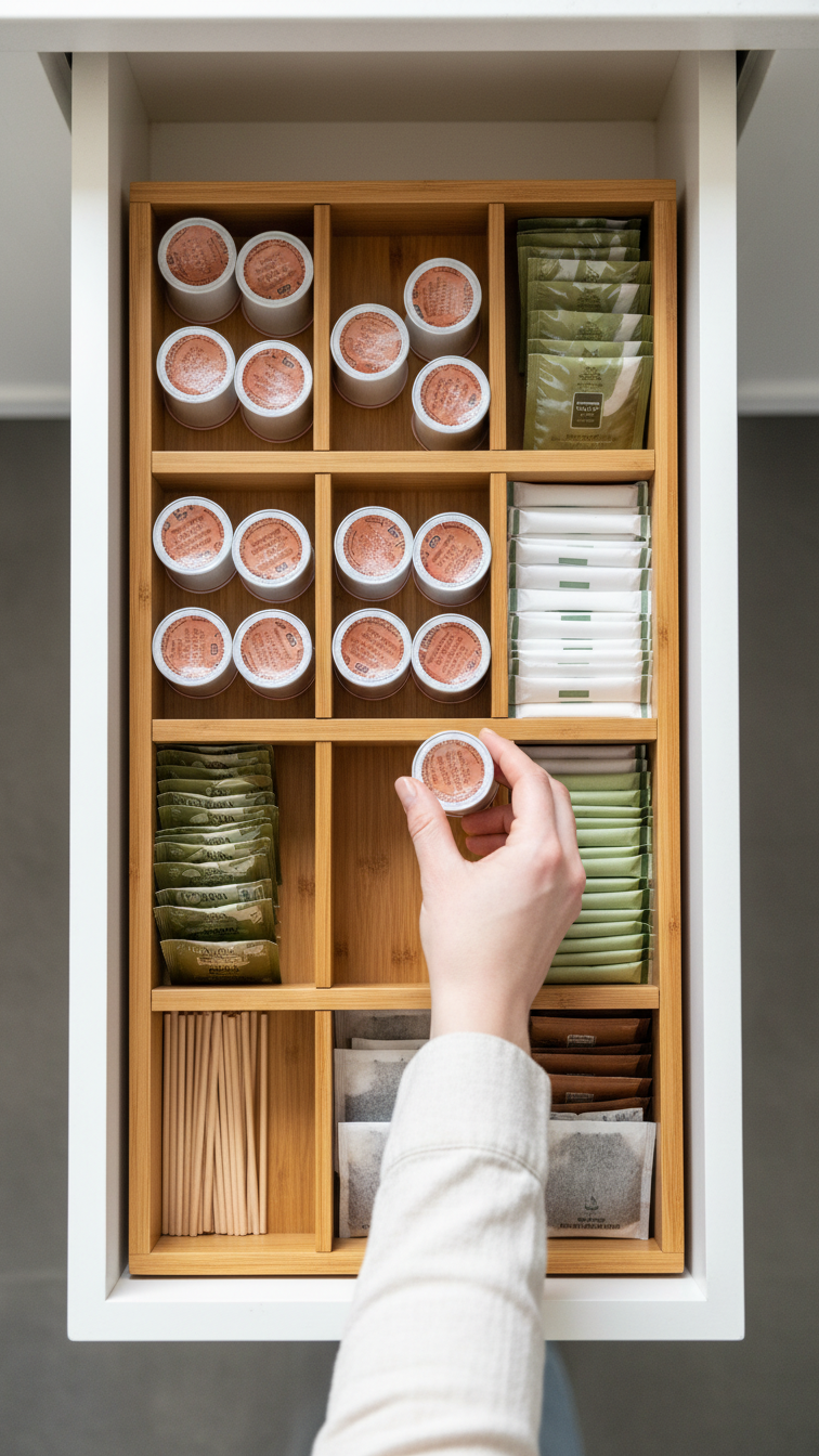 Top-down view of perfectly organized coffee bar drawer with bamboo dividers holding K-cups and tea bags