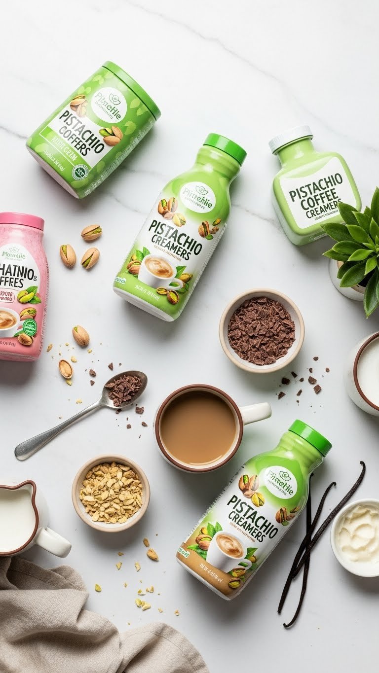 Top-down view of pistachio coffee creamers with chocolate shavings and vanilla beans arranged around steaming coffee mug