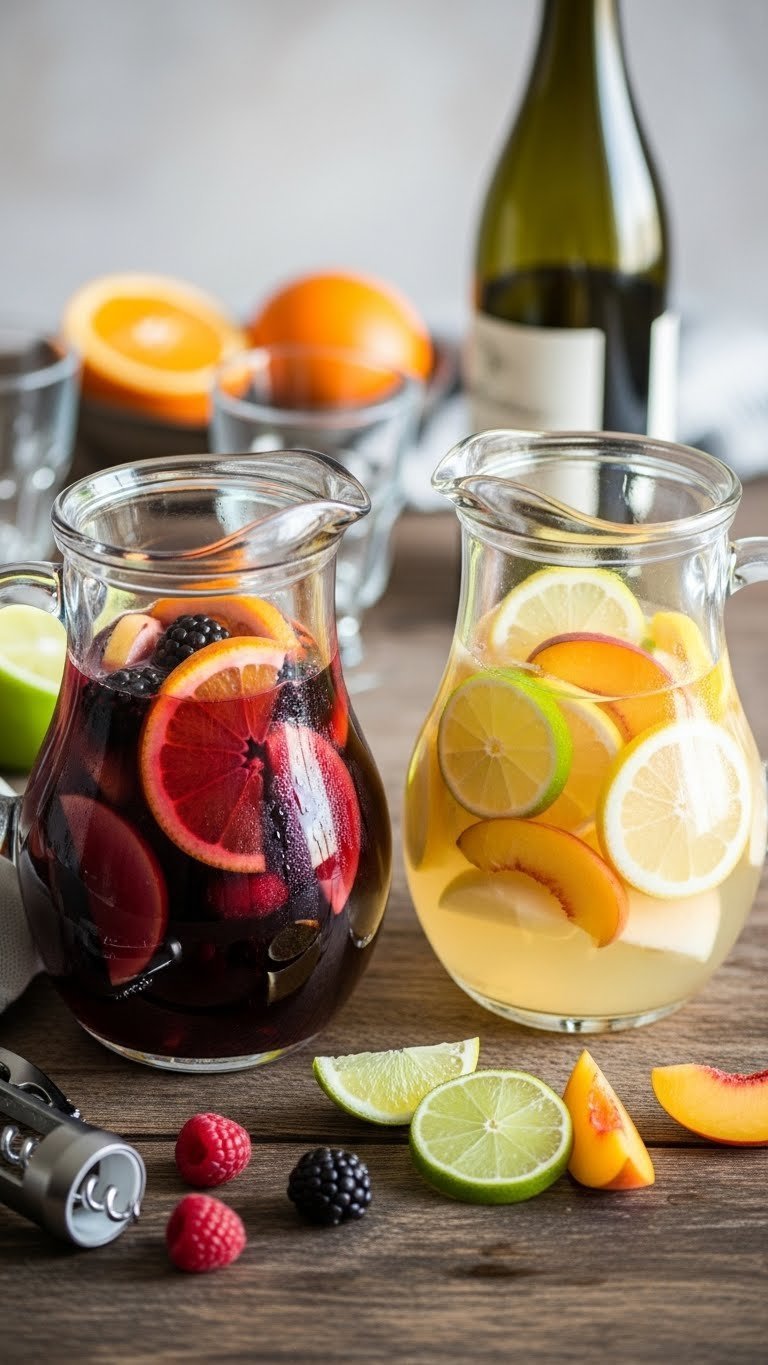 Top-down view of red and white sangria pitchers side-by-side with abundant fresh fruit slices and elegant wine glasses