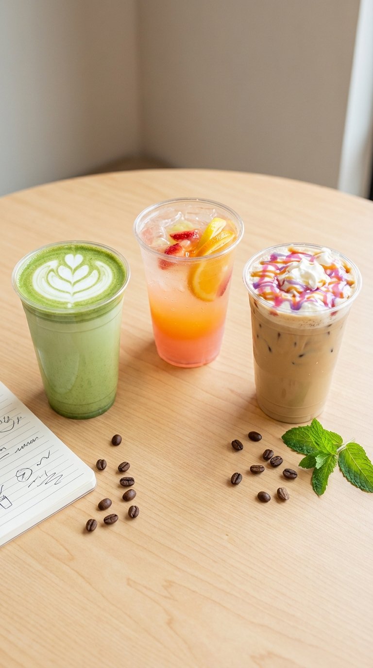 Top-down view of three customized 7 Brew beverages with colorful gradients and foam art on light wood table