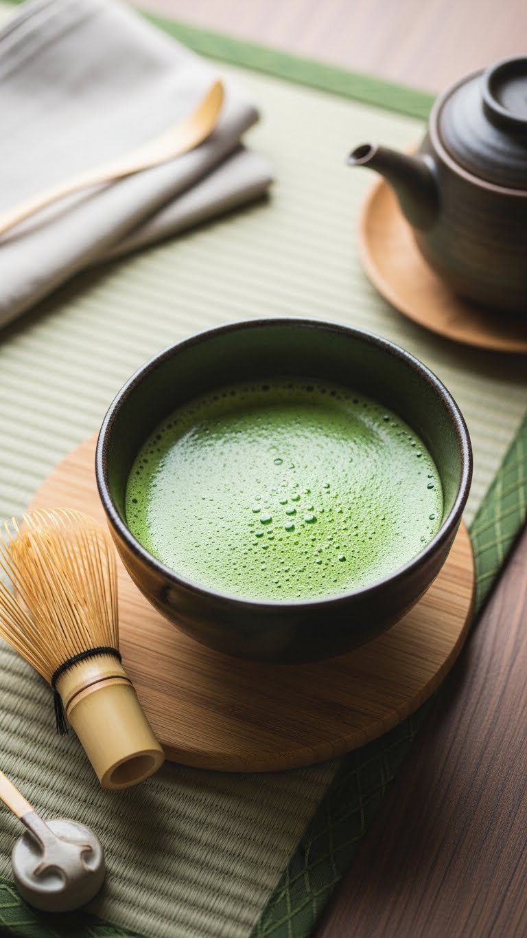 Traditional Japanese Usucha matcha in chawan bowl with bamboo whisk on tatami mat in serene setting