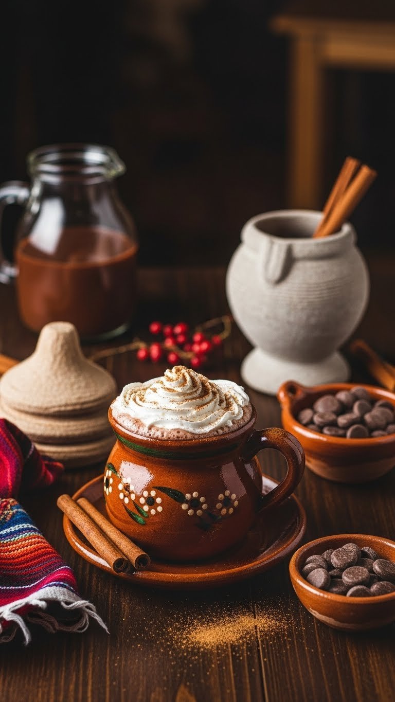 Traditional Mexican hot chocolate station with frothy drink topped with cinnamon and chocolate tablets