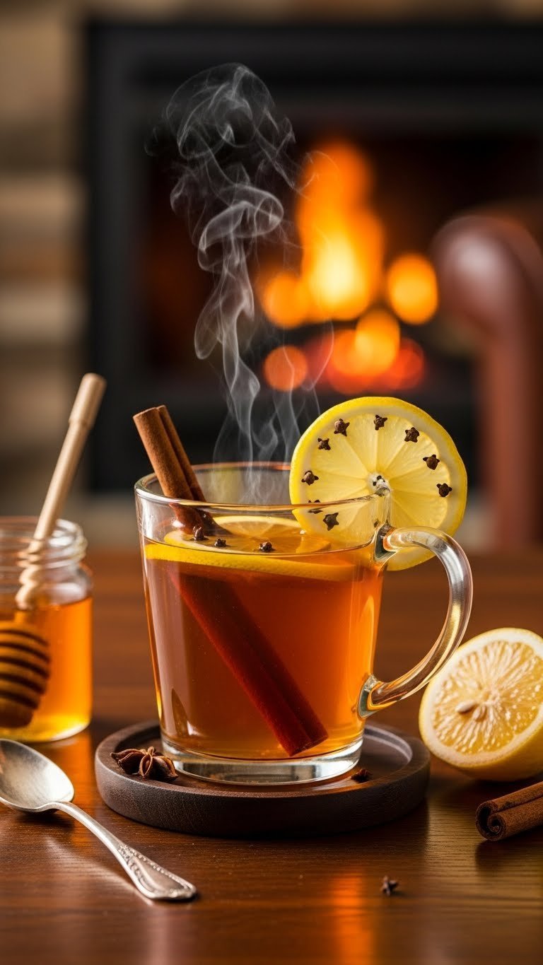 Traditional hot toddy in clear glass mug with lemon wheel and cinnamon stick garnish steaming gently